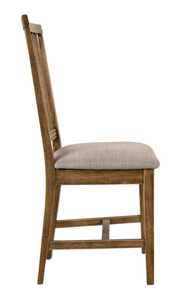 Set of Two Tan and Oak Linen Slat Back Dining Side Chairs