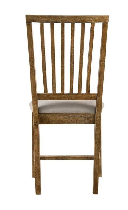 Set of Two Tan and Oak Linen Slat Back Dining Side Chairs