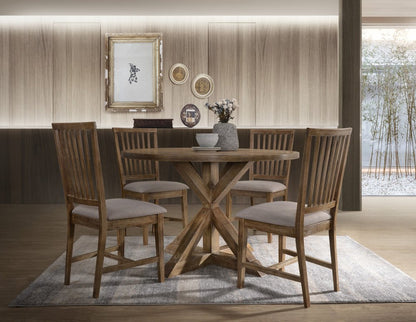 Set of Two Tan and Oak Linen Slat Back Dining Side Chairs