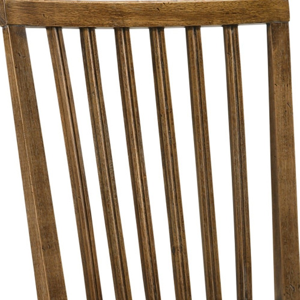 Set of Two Tan and Oak Linen Slat Back Dining Side Chairs