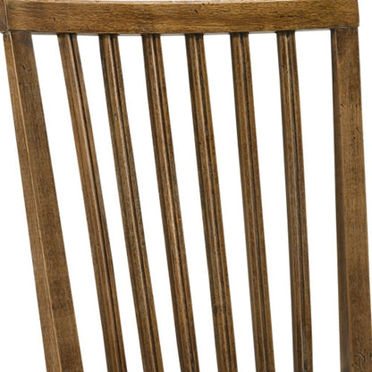Set of Two Tan and Oak Linen Slat Back Dining Side Chairs