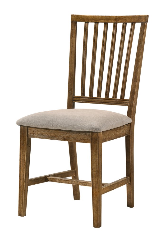 Set of Two Tan and Oak Linen Slat Back Dining Side Chairs