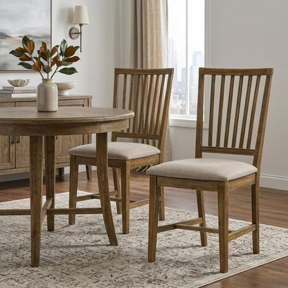 Set of Two Tan and Oak Linen Slat Back Dining Side Chairs