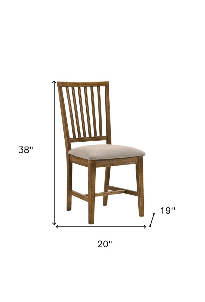 Set of Two Tan and Oak Linen Slat Back Dining Side Chairs