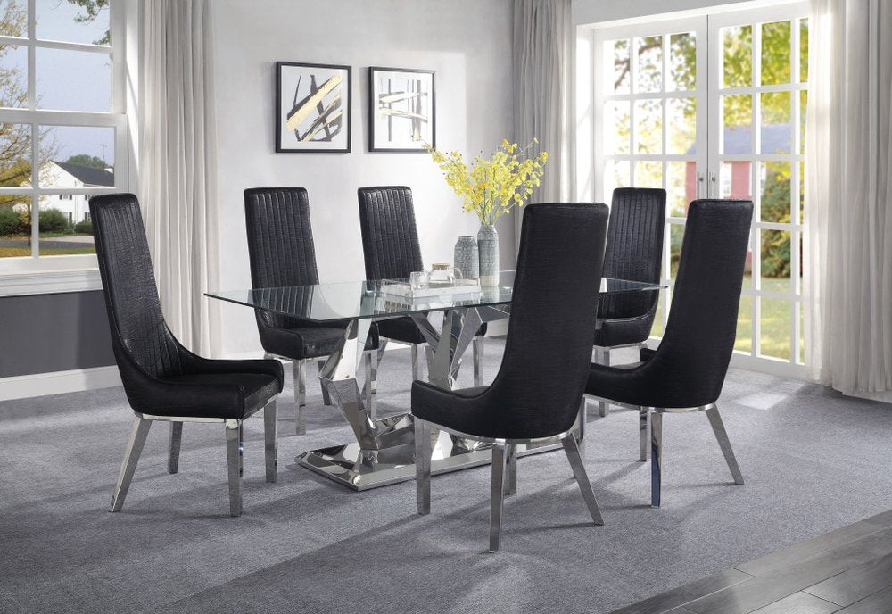 Set of Two Black and Silver Faux Leather Dining Side Chairs