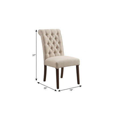 Set of Two Tufted Beige and Brown Upholstered Linen And Solid Wood Dining Side Chairs