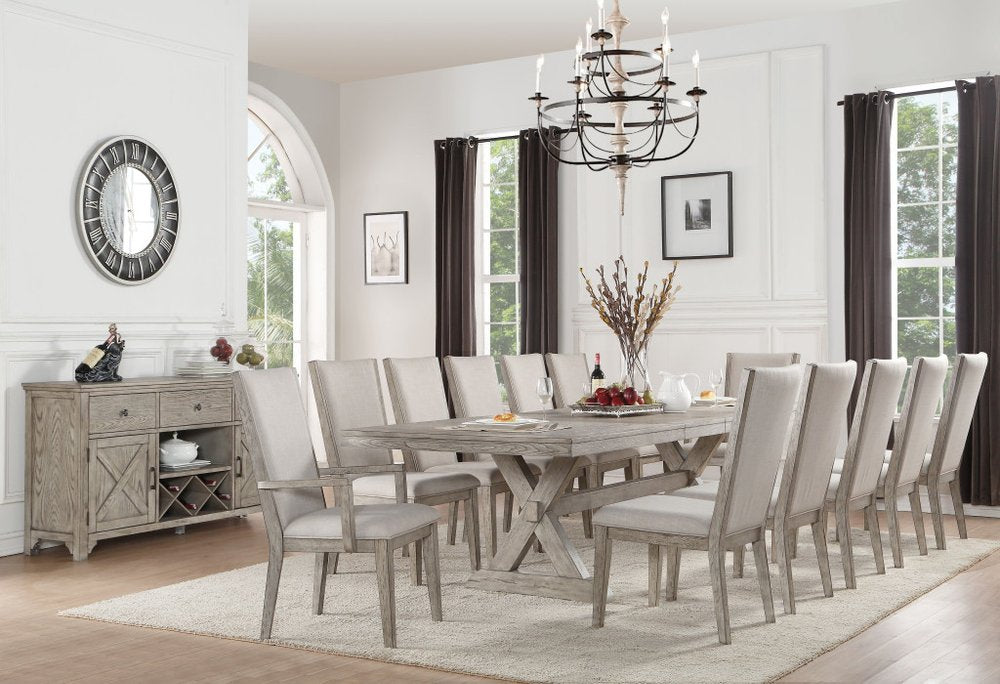 Set of Two Gray Fabric And Solid Wood Dining Arm Chairs
