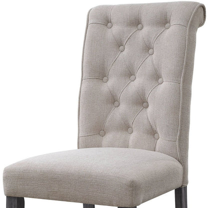 Set of Two Tufted Beige and Gray Upholstered Linen And Solid Wood Dining Side Chairs