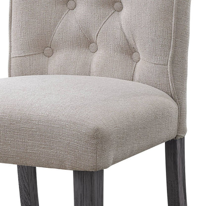 Set of Two Tufted Beige and Gray Upholstered Linen And Solid Wood Dining Side Chairs