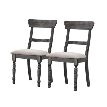 Set of Two Light Brown and Gray Linen Slat Back Dining Side Chairs