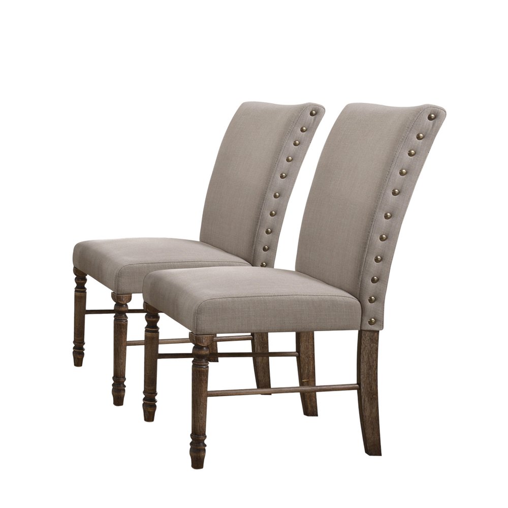 Set of Two Cream and Oak Linen Dining Side Chairs