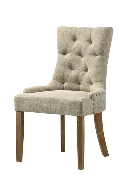 Set of Two Beige and Oak Tufted Fabric Dining Side Chairs