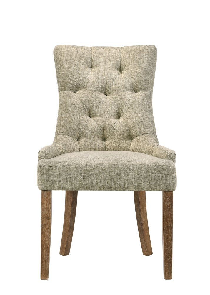 Set of Two Beige and Oak Tufted Fabric Dining Side Chairs