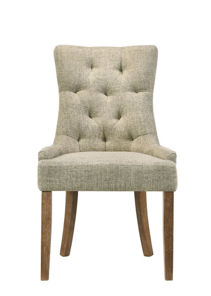 Set of Two Beige and Oak Tufted Fabric Dining Side Chairs