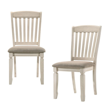 Set of Two Tan and Cream Fabric Slat Back Dining Side Chairs