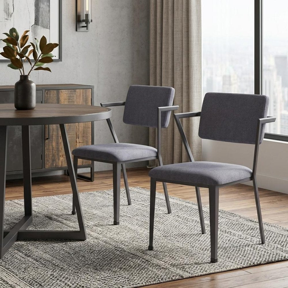 Set of Two Gray and Gunmetal Fabric Open Back Dining Side Chairs