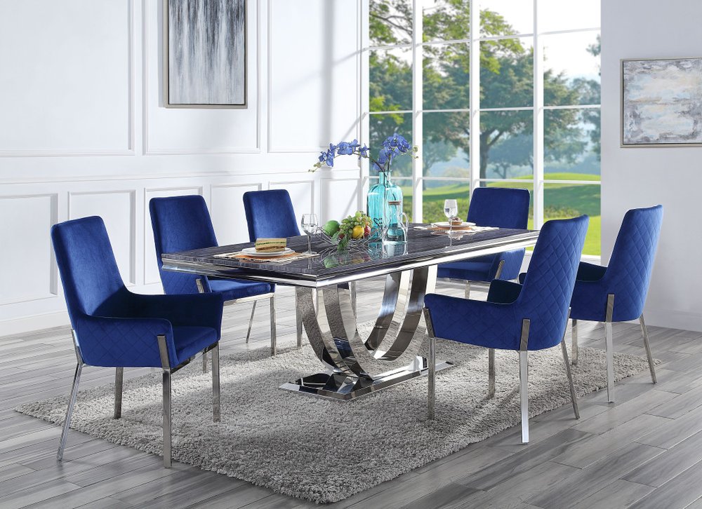 Set of Two Blue and Silver Velvet Dining Side Chairs
