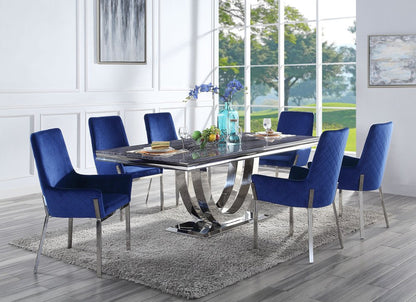 Set of Two Blue and Silver Velvet Dining Side Chairs