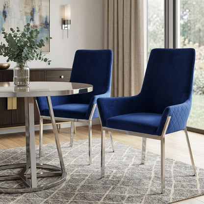 Set of Two Blue and Silver Velvet Dining Side Chairs