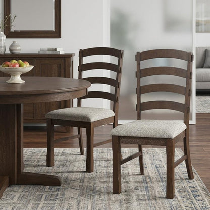 Set of Two Gray and Oak Fabric Ladder Back Dining Side Chairs