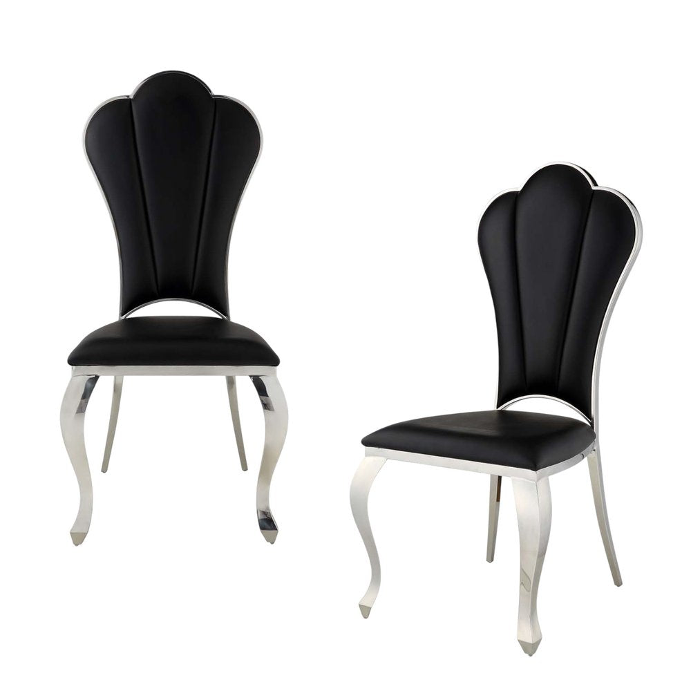 Set of Two Black and Silver Faux Leather Dining Side Chairs