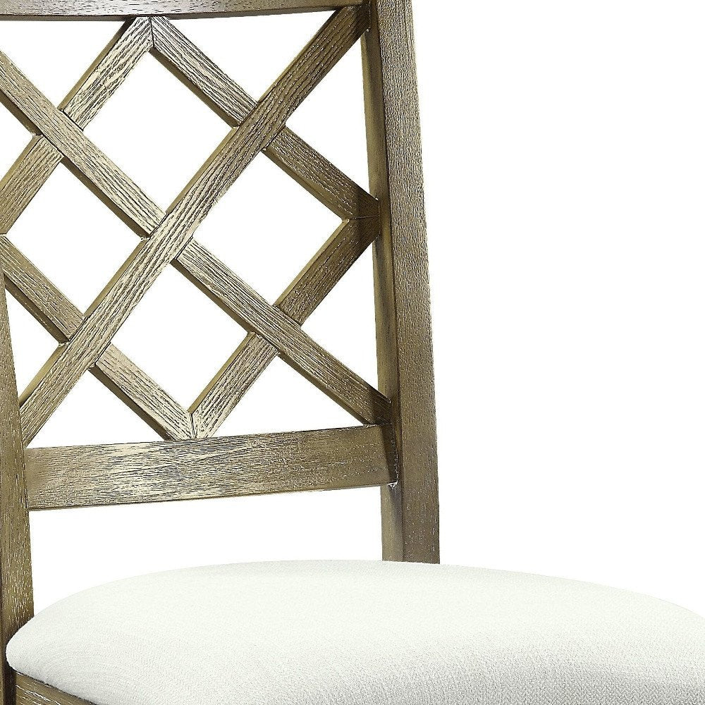 Set of Two Beige and Oak Linen Cross Back Dining Side Chairs