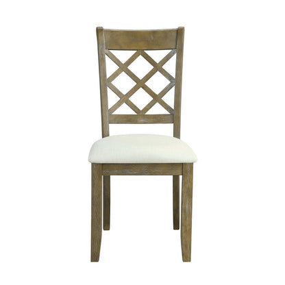 Set of Two Beige and Oak Linen Cross Back Dining Side Chairs