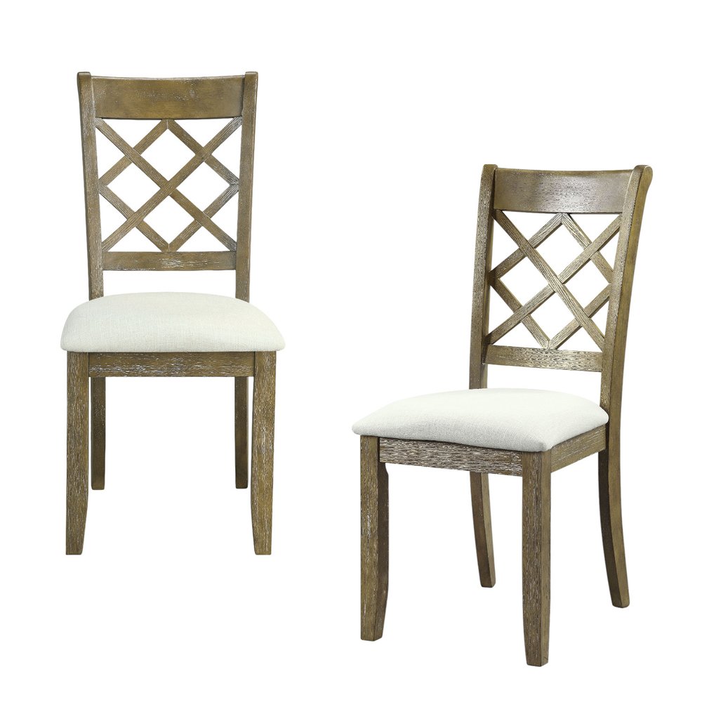 Set of Two Beige and Oak Linen Cross Back Dining Side Chairs