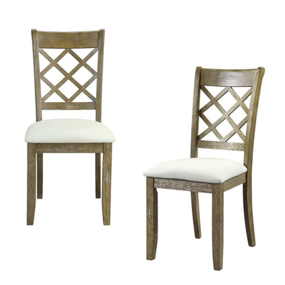 Set of Two Beige and Oak Linen Cross Back Dining Side Chairs