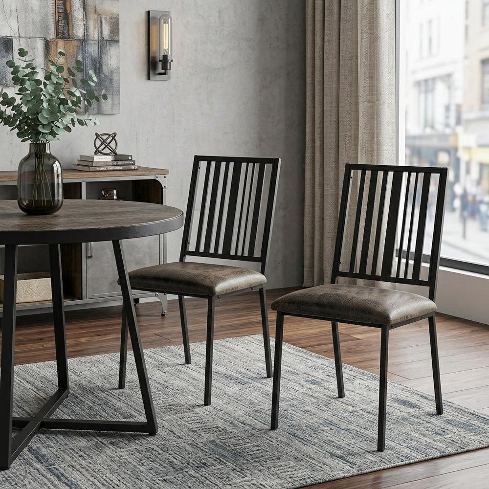 Set of Two Black Faux Leather Slat Back Dining Side Chairs