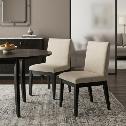 Set of Two Beige and Black Fabric Dining Side Chairs