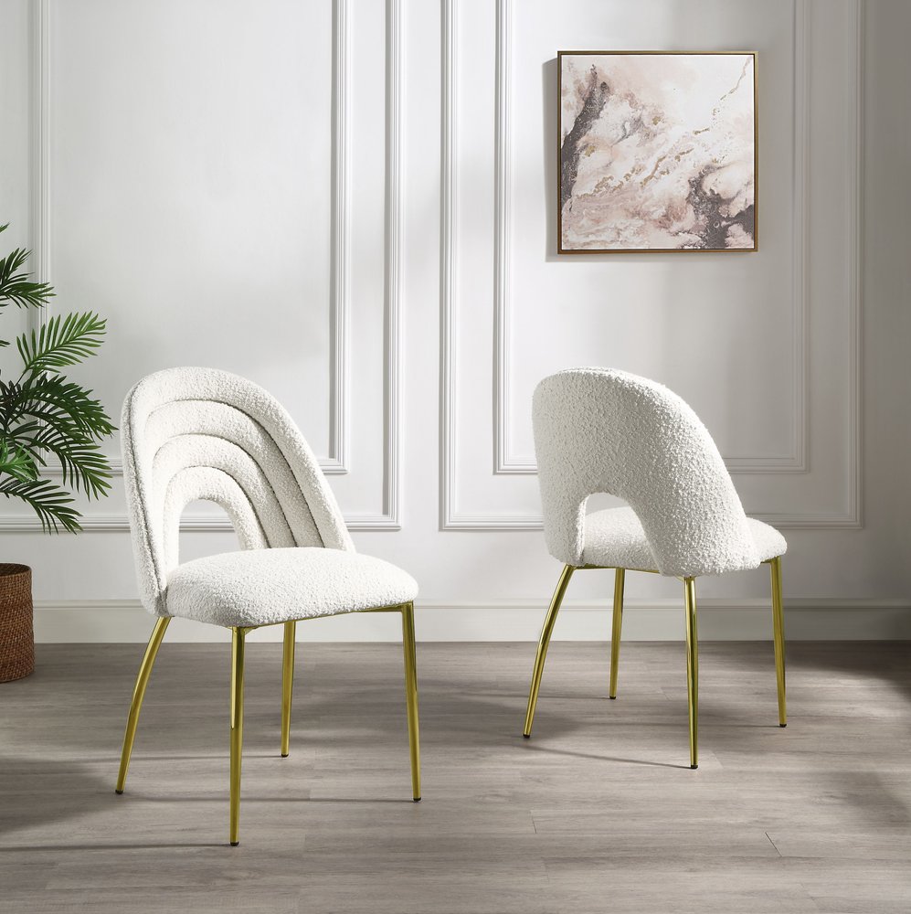 Set of Two Beige and Gold Fabric Dining Side Chairs