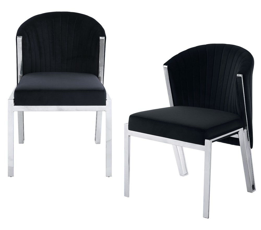 Set of Two Black and Silver Velvet Wing Back Dining Side Chairs