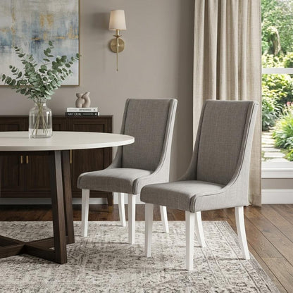 Set of Two Gray and White Linen Dining Side Chairs
