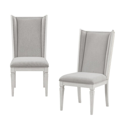 Set of Two Light Gray and White Linen Open Back Dining Side Chairs
