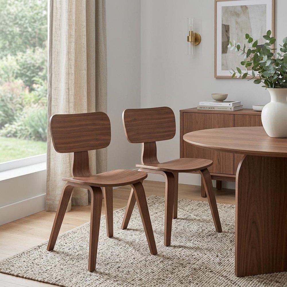 Set of Two Oak and Brown Solid Wood Open Back Dining Side Chairs