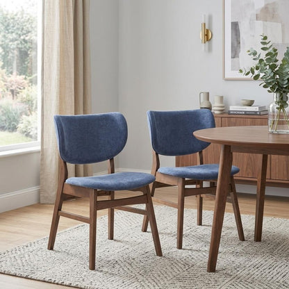 Set of Two Blue and Brown Fabric Open Back Dining Side Chairs