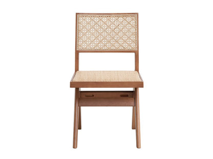Set of Two Natural Solid Wood and Rattan Open Back Dining Side Chairs