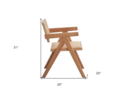 Set of Two Natural Solid Wood and Rattan Open Back Dining Arm Chairs