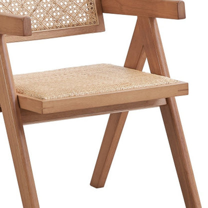 Set of Two Natural Solid Wood and Rattan Open Back Dining Arm Chairs