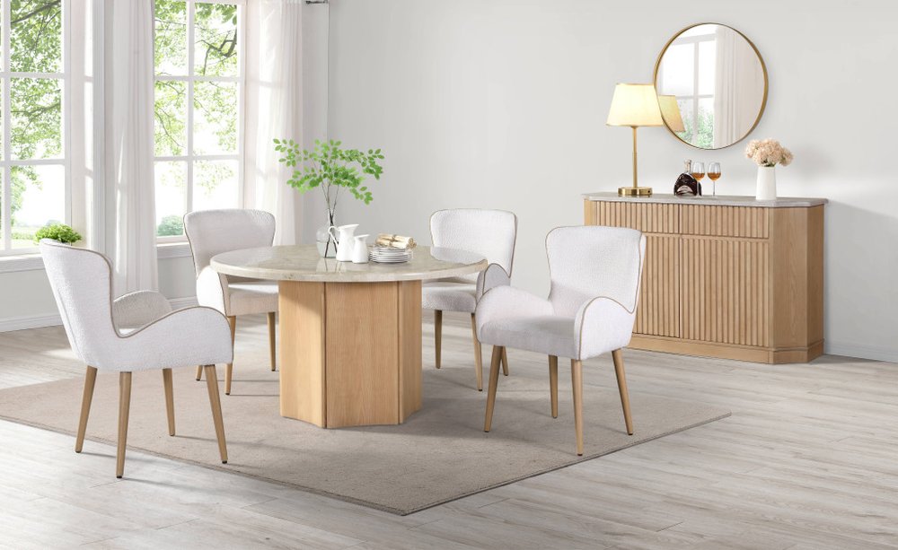 Set of Two Beige and Oak Fabric Dining Side Chairs