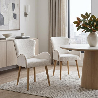 Set of Two Beige and Oak Fabric Dining Side Chairs
