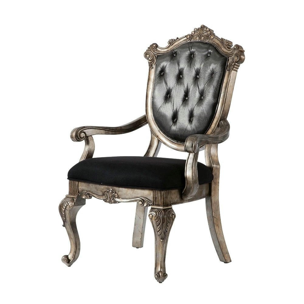Set of Two Dark Gray and Platinum Tufted Fabric Open Back Dining Arm Chairs