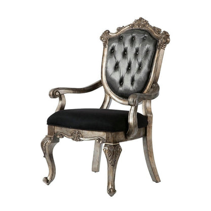 Set of Two Dark Gray and Platinum Tufted Fabric Open Back Dining Arm Chairs