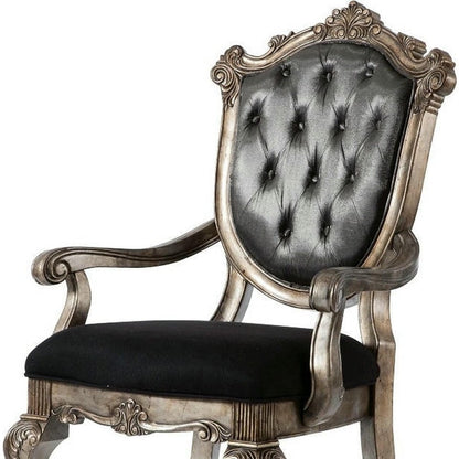Set of Two Dark Gray and Platinum Tufted Fabric Open Back Dining Arm Chairs