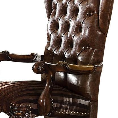 Set of Two Brown and Redwood Tufted Faux Leather Wing Back Dining Arm Chairs