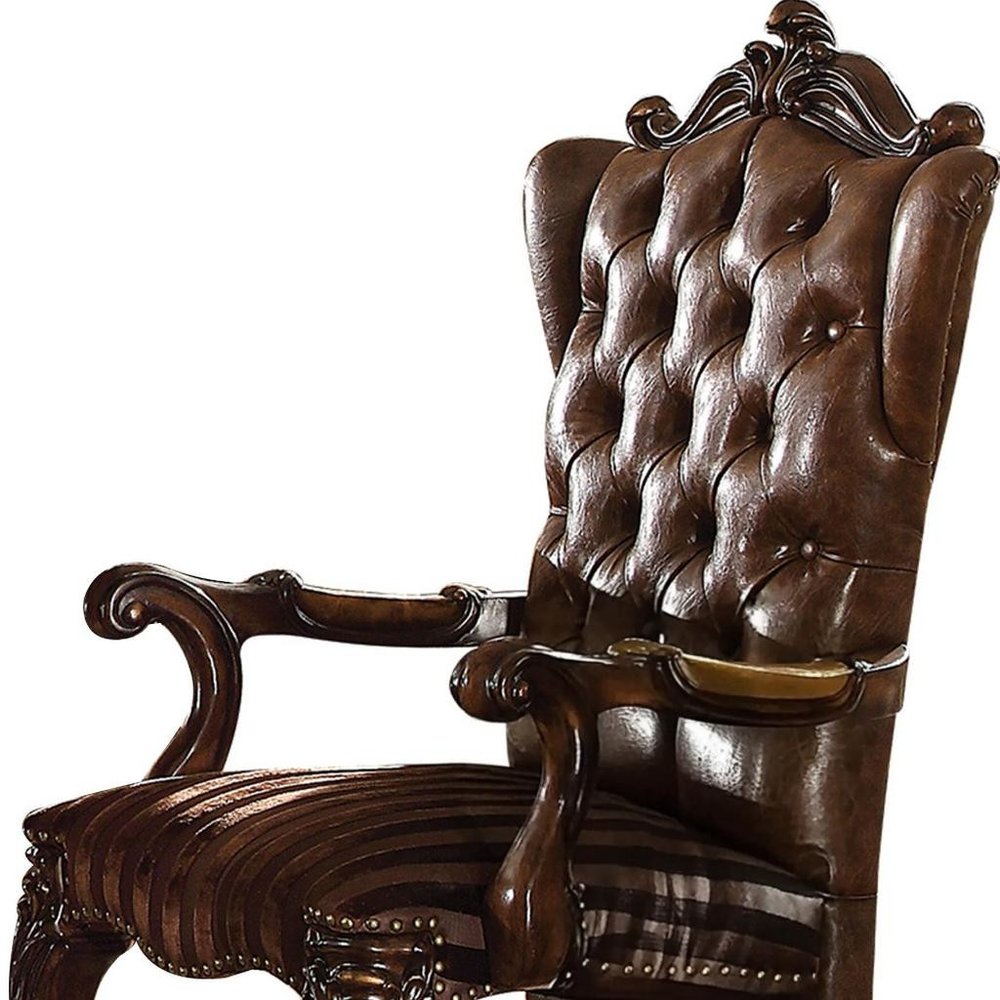 Set of Two Brown and Redwood Tufted Faux Leather Wing Back Dining Arm Chairs