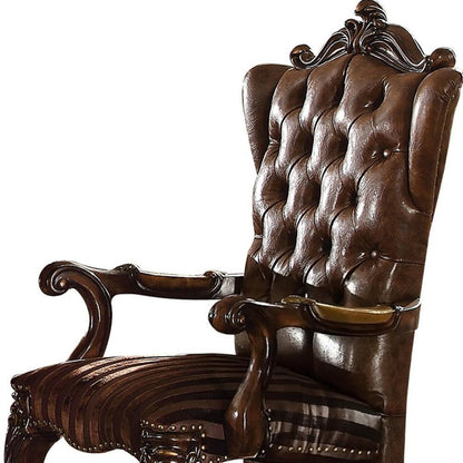 Set of Two Brown and Redwood Tufted Faux Leather Wing Back Dining Arm Chairs