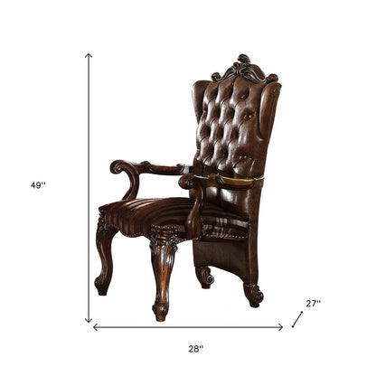 Set of Two Brown and Redwood Tufted Faux Leather Wing Back Dining Arm Chairs
