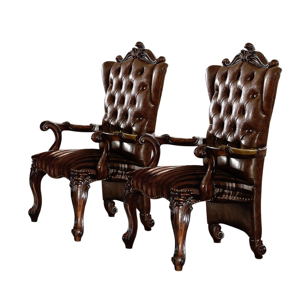 Set of Two Brown and Redwood Tufted Faux Leather Wing Back Dining Arm Chairs